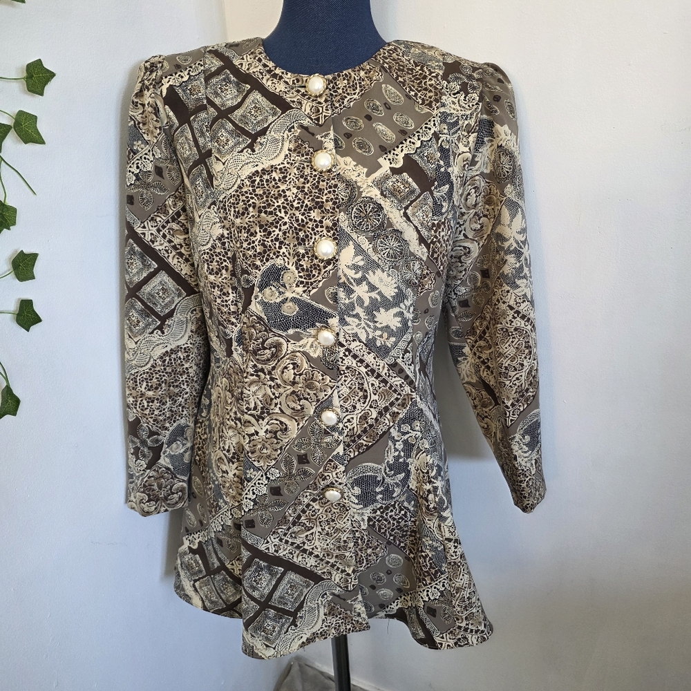 Vintage-Inspired Women's Patchwork Print Jacket in Brown & Cream